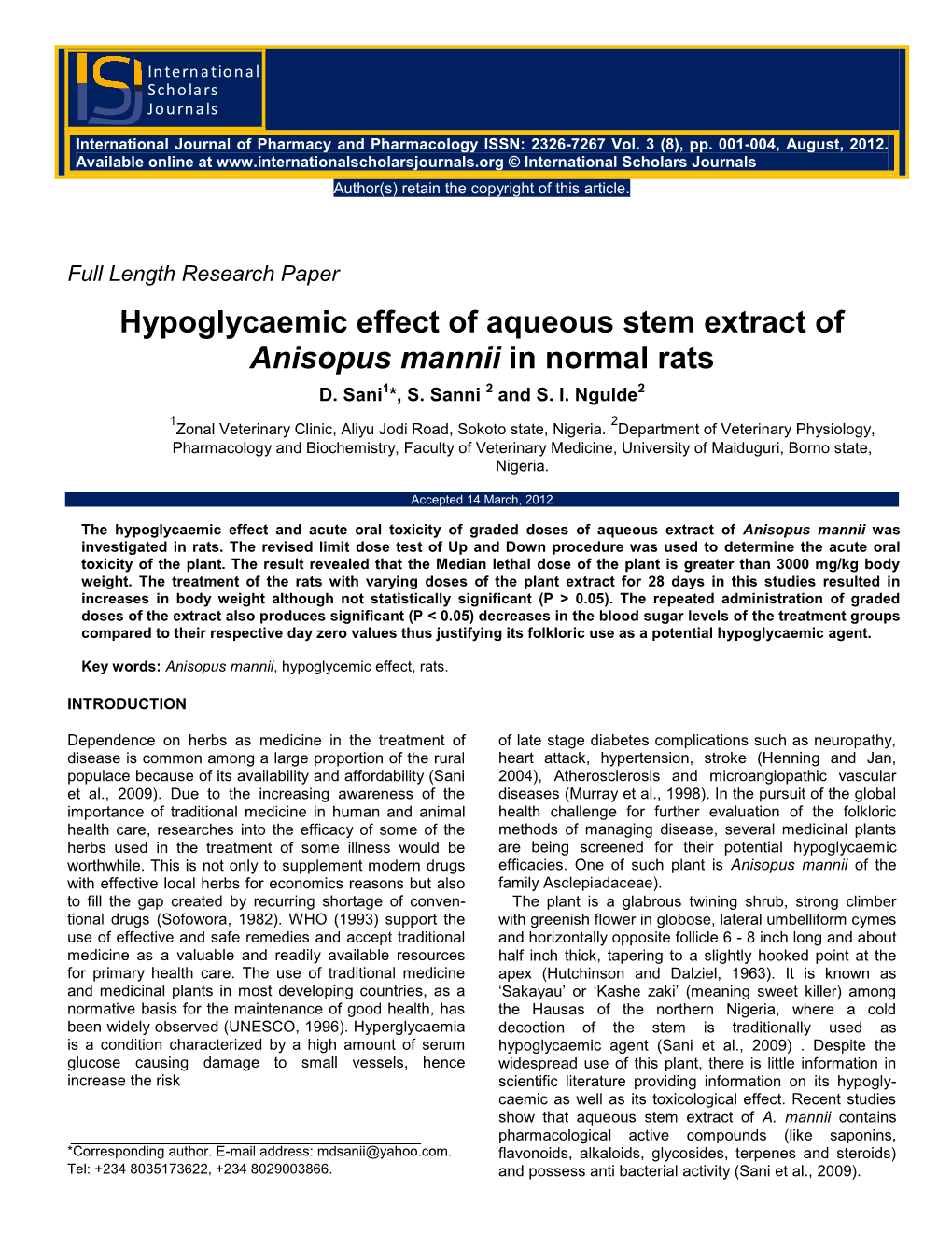 Hypoglycaemic Effect of Aqueous Stem Extract of Anisopus Mannii in Normal Rats