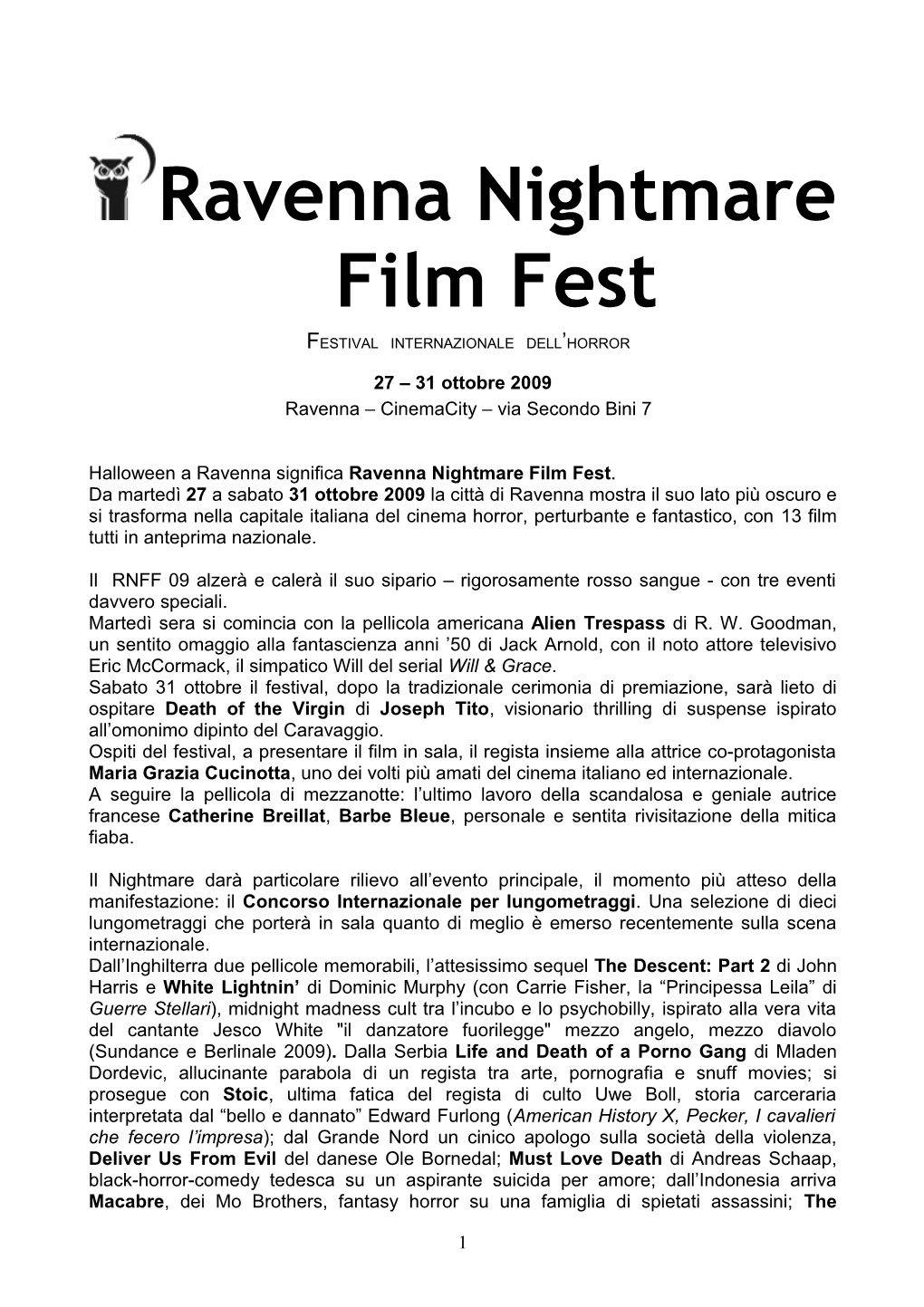 Ravenna Nightmare Film Fest FESTIVAL INTERNAZIONALE DELL’HORROR