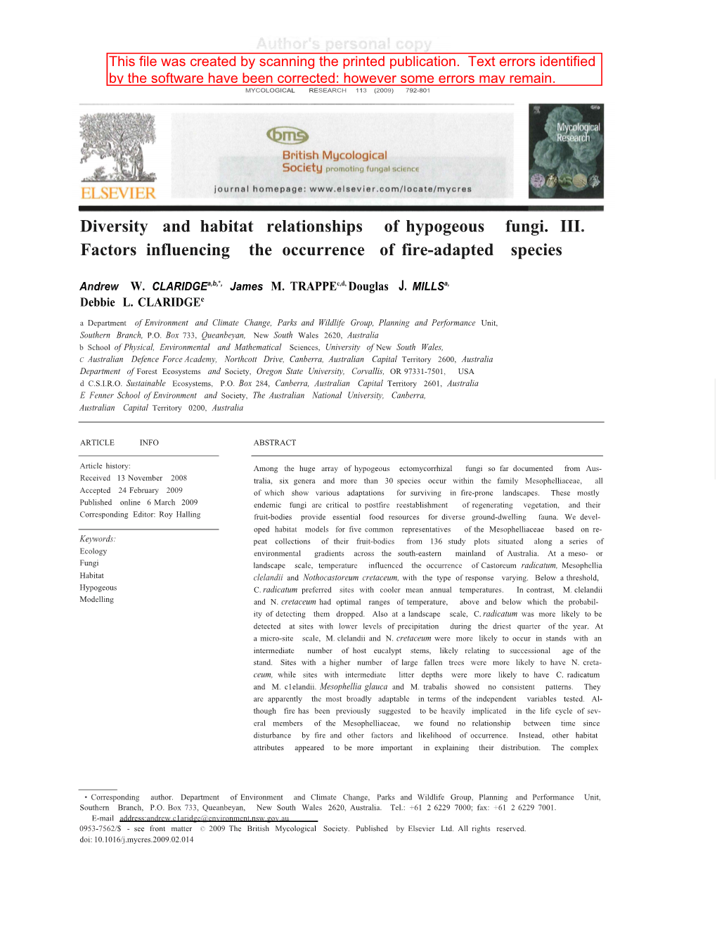 Diversity and Habitat Relationships of Hypogeous Fungi. III. Factors Influencing the Occurrence of Fire-Adapted Species