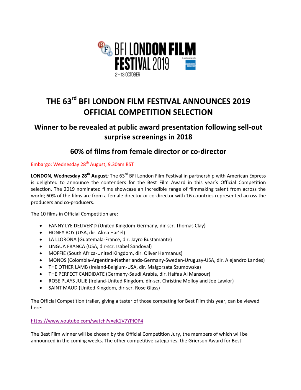 Bfi London Film Festival Announces 2019 Official Competition Selection