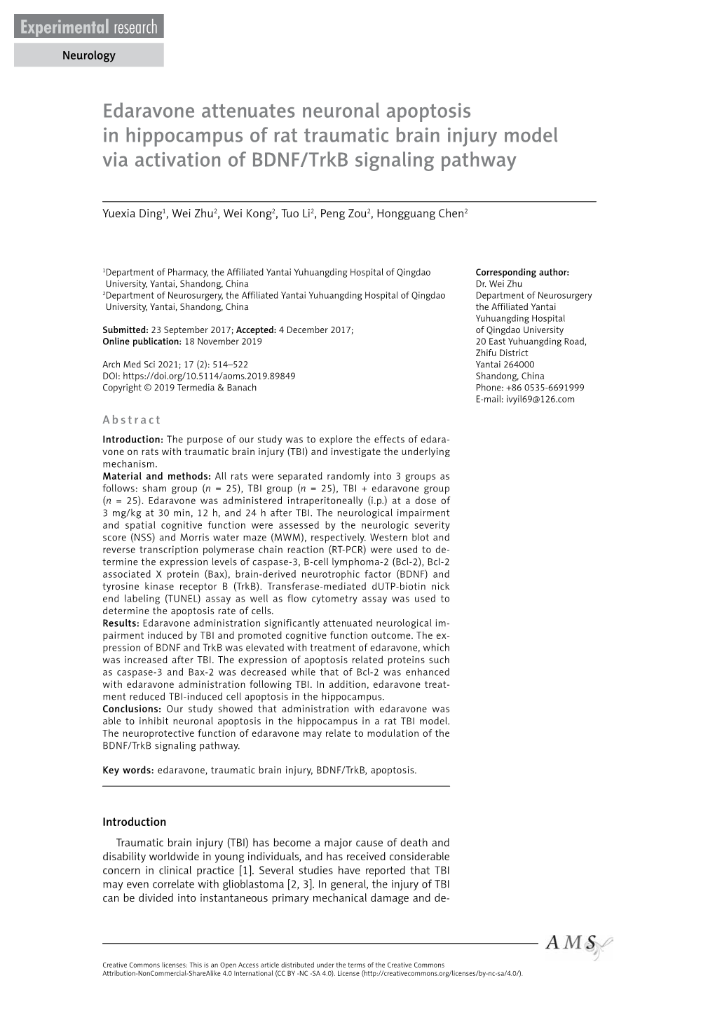 Edaravone Attenuates Neuronal Apoptosis in Hippocampus of Rat Traumatic Brain Injury Model Via Activation of BDNF/Trkb Signaling Pathway