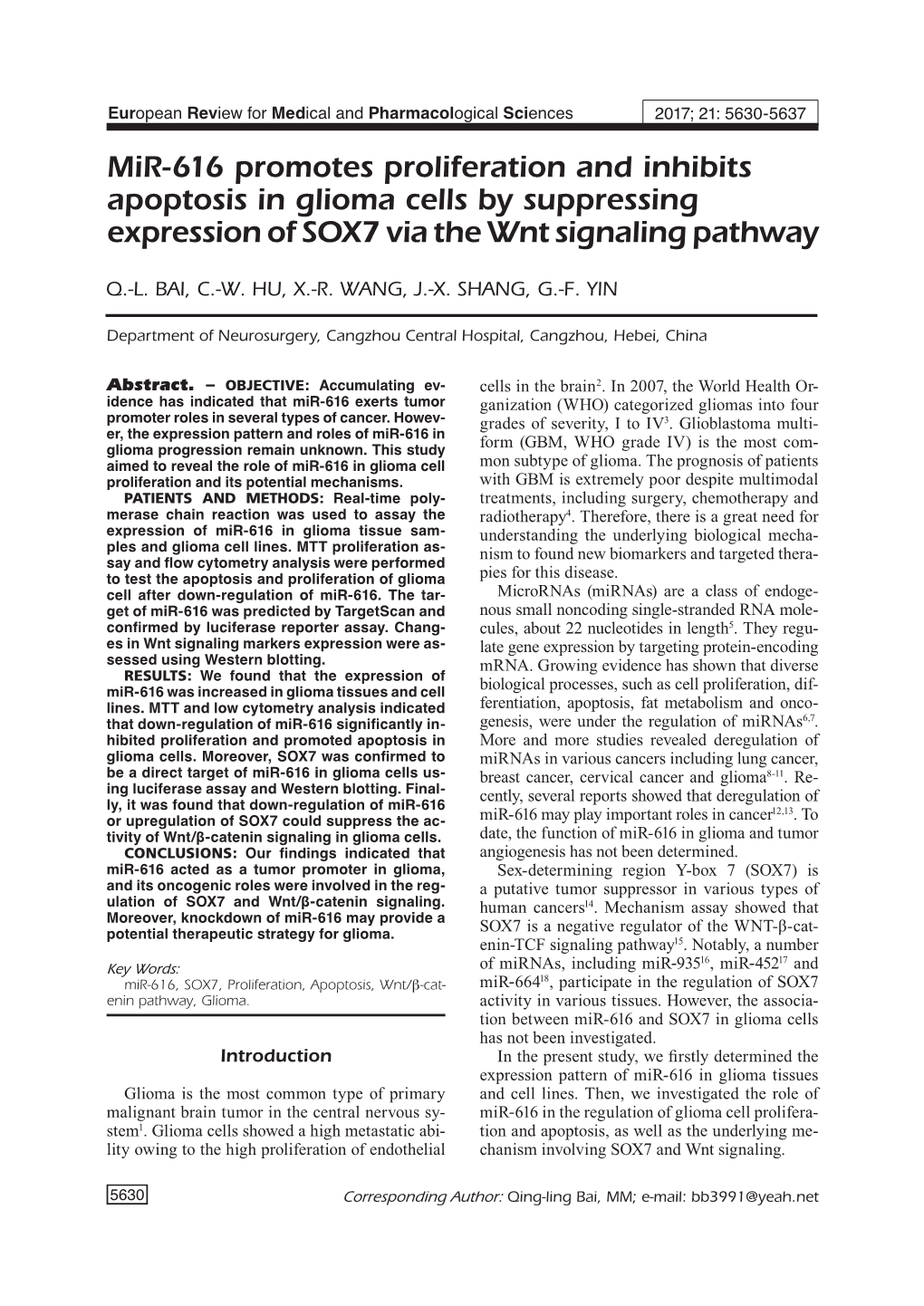 Mir-616 Regulated SOX7 in Glioma