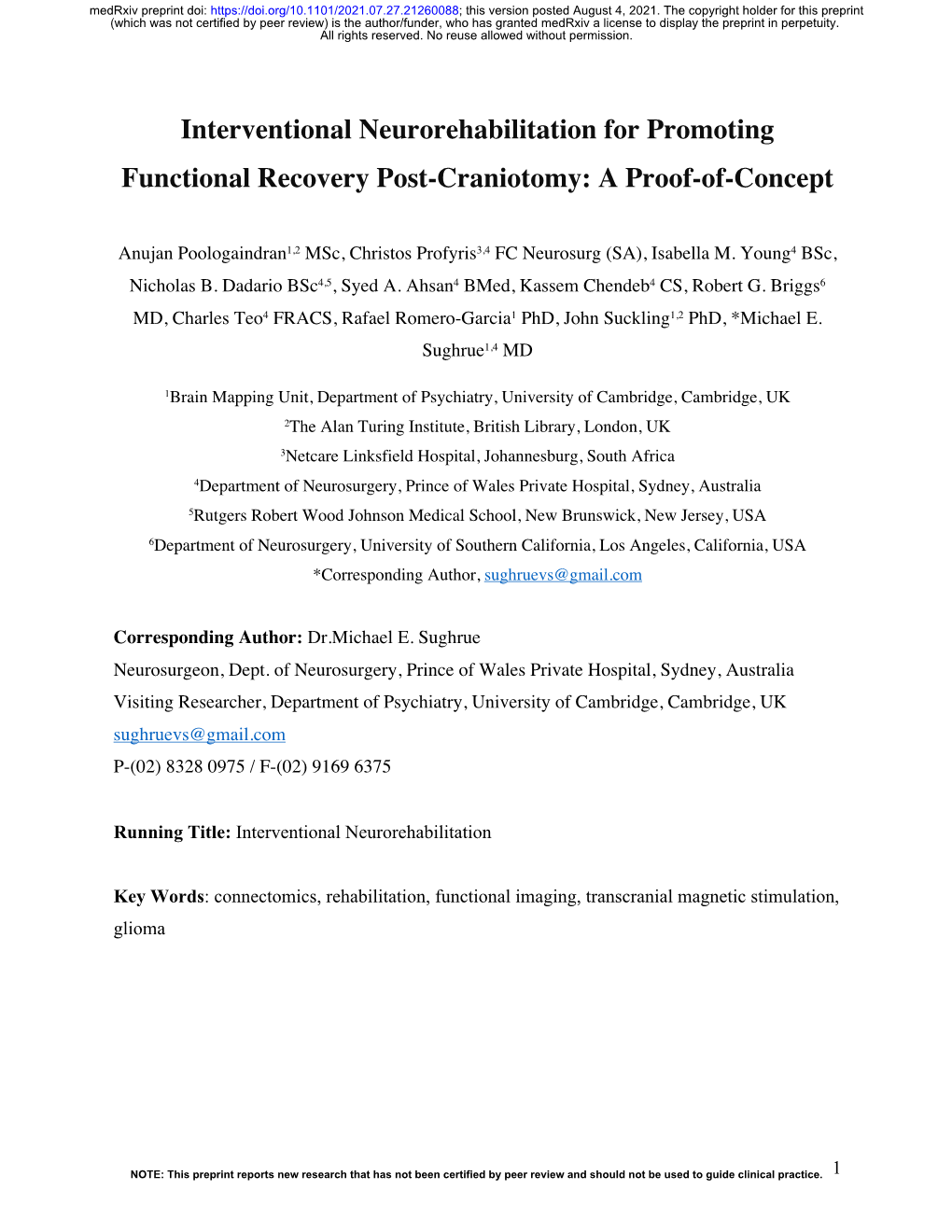 Interventional Neurorehabilitation for Promoting Functional Recovery Post-Craniotomy: a Proof-Of-Concept