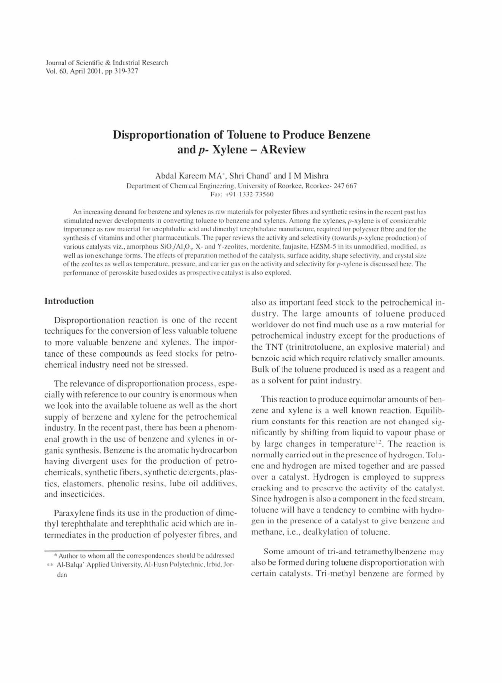 Disproportionation of Toluene to Produce Benzene and P- Xylene - Areview