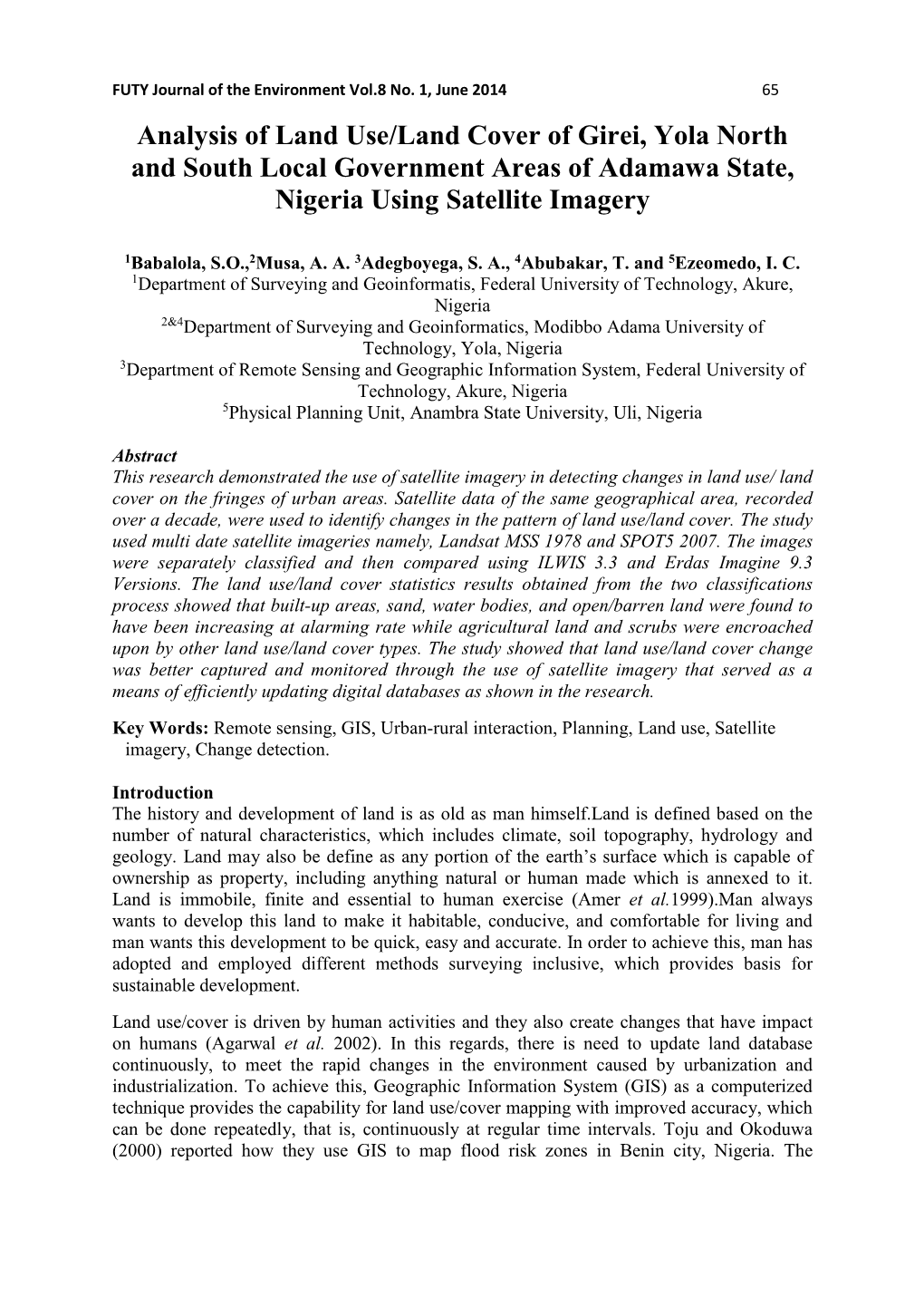 Analysis of Land Use/Land Cover of Girei, Yola North and South Local Government Areas of Adamawa State, Nigeria Using Satellite Imagery