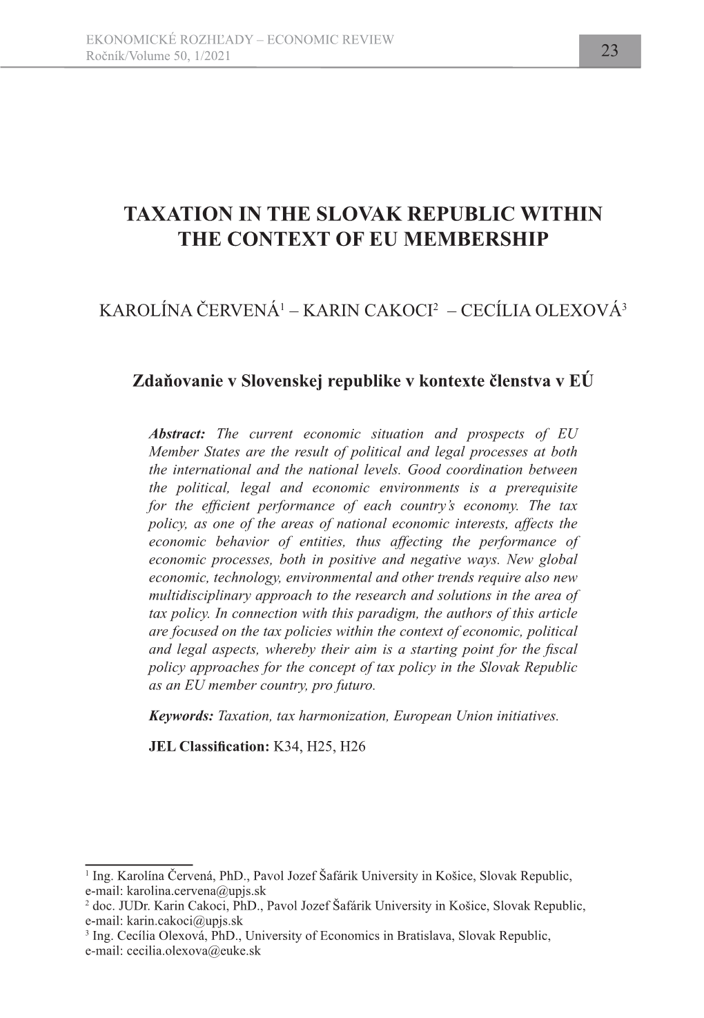 Taxation in the Slovak Republic Within the Context of Eu Membership