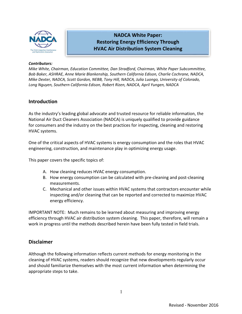 NADCA White Paper: Restoring Energy Efficiency Through HVAC Air Distribution System Cleaning