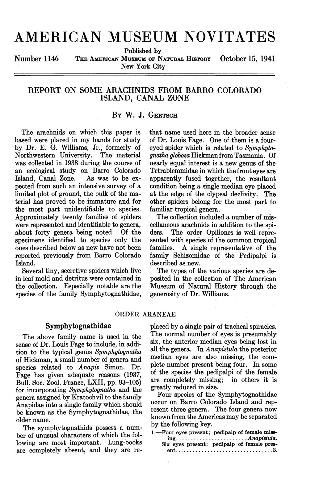 AMERICAN MUSEUM NOVITATES Published by Number 1146 the AMERICAN MUSEUM of NATURAL HISTORY October 15, 1941 New York City