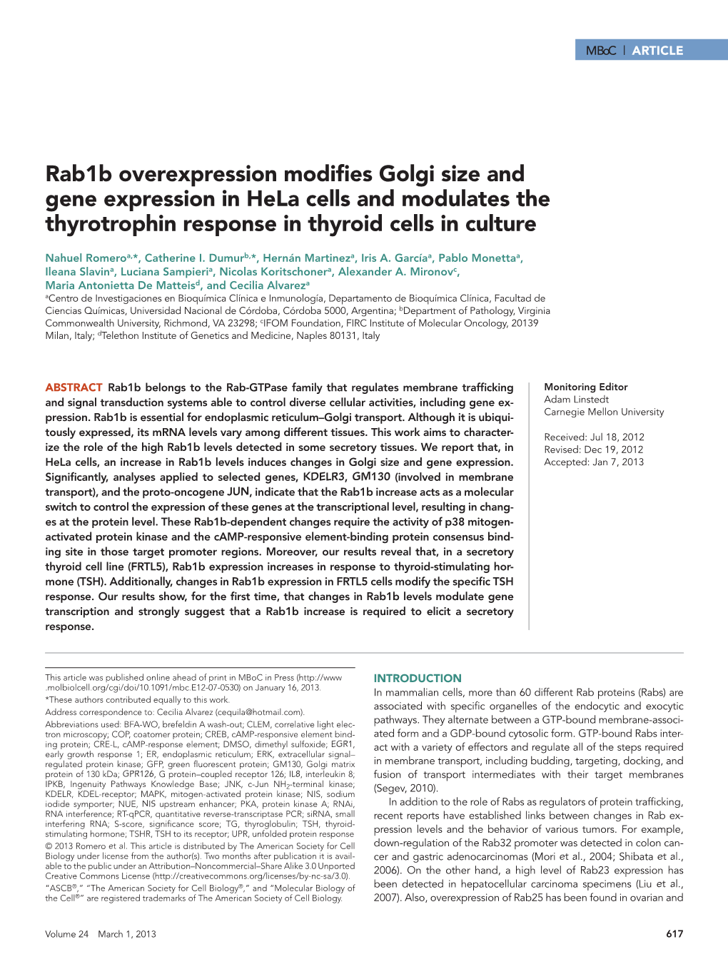 Rab1b Overexpression Modifies Golgi Size and Gene Expression in Hela Cells and Modulates the Thyrotrophin Response in Thyroid Cells in Culture