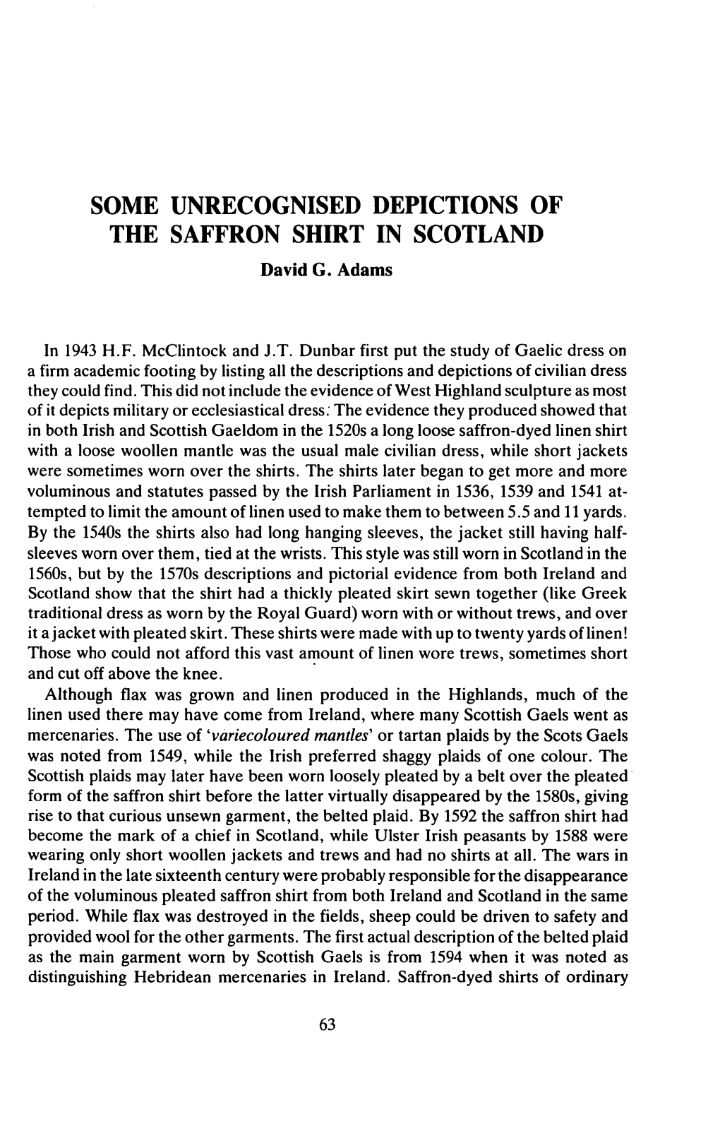 SOME UNRECOGNISED DEPICTIONS of the SAFFRON SHIRT in SCOTLAND David G