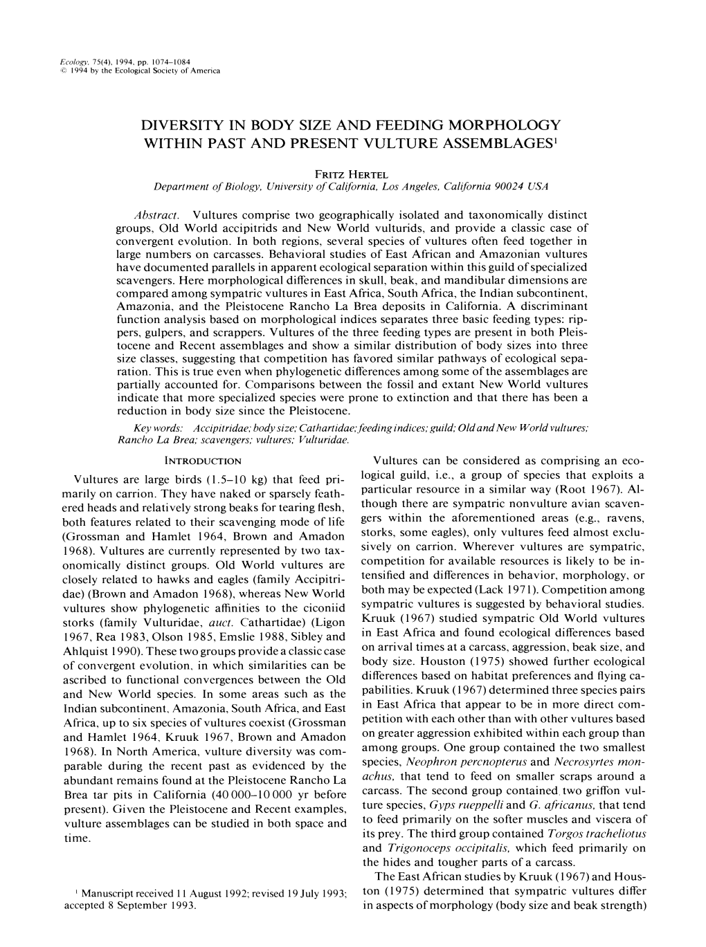 Diversity in Body Size and Feeding Morphology Within Past and Present Vulture Assemblages'