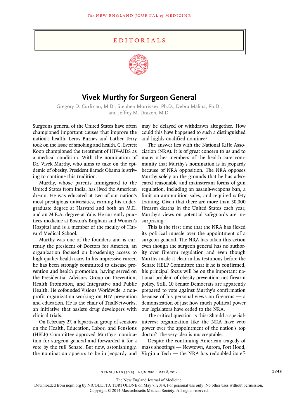 Vivek Murthy for Surgeon General Gregory D