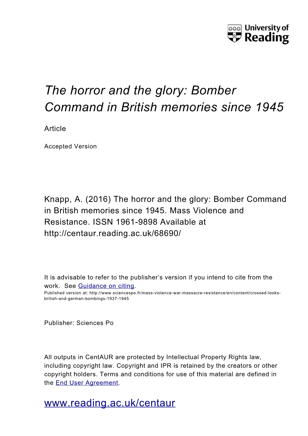 The Horror and the Glory: Bomber Command in British Memories Since 1945