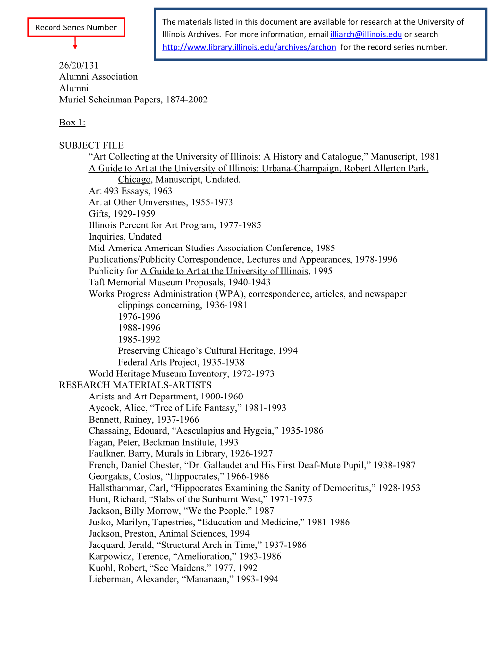 26/20/131 Alumni Association Alumni Muriel Scheinman Papers, 1874-2002