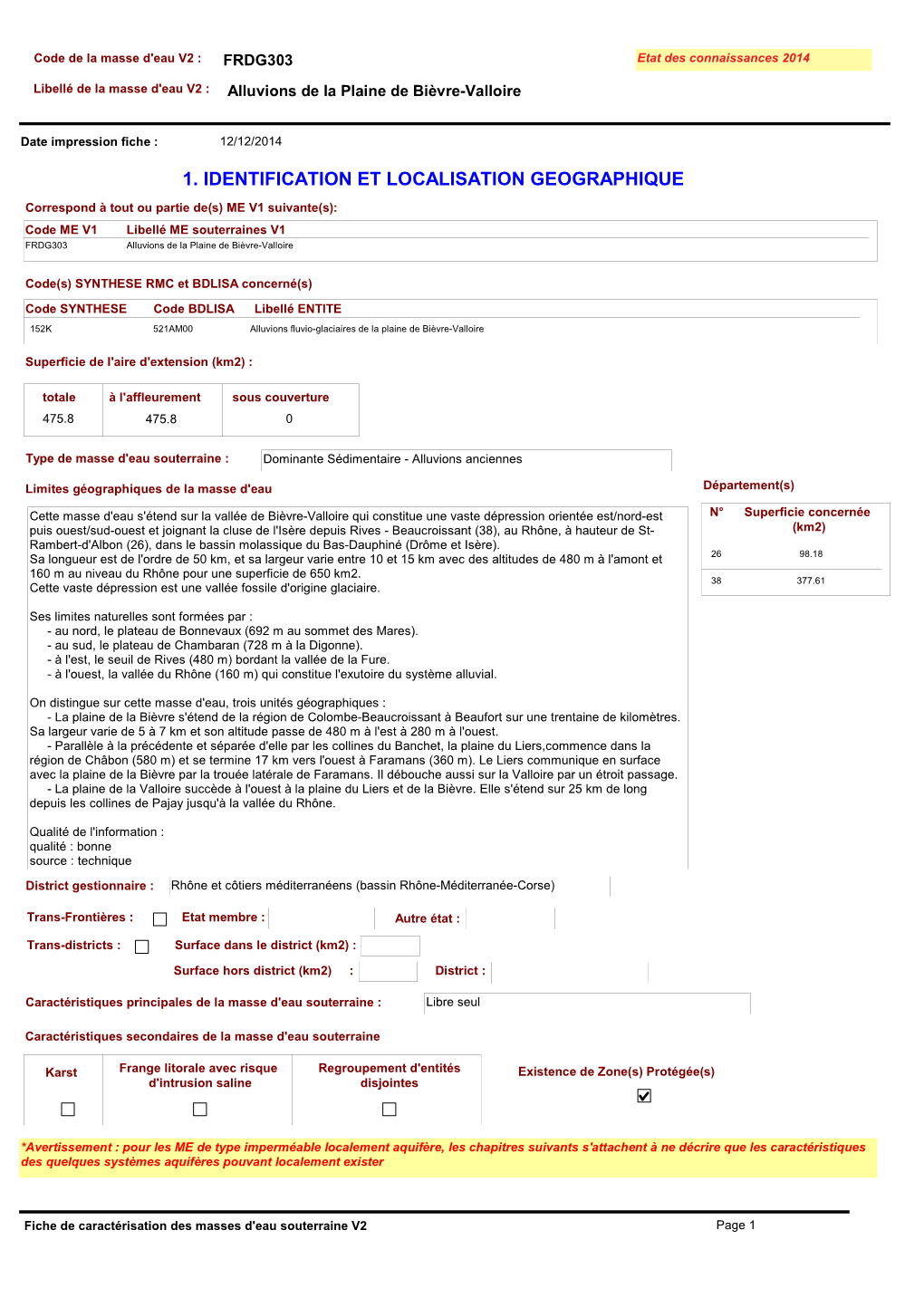 FRDG303 Etat Des Connaissances 2014 Libellé De La Masse D'eau V2 : Alluvions De La Plaine De Bièvre-Valloire