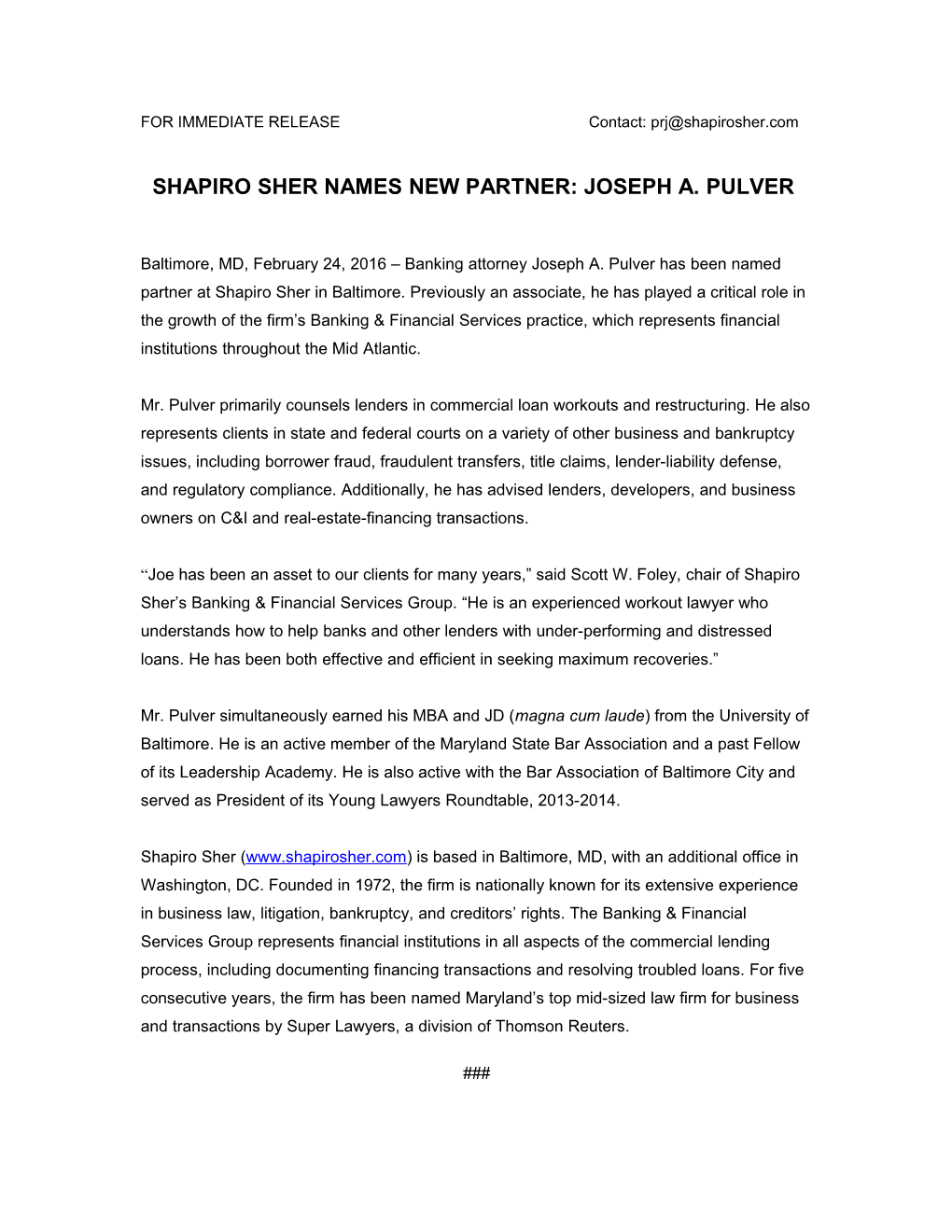 Shapiro Sher Names New Partner: Joseph A. Pulver