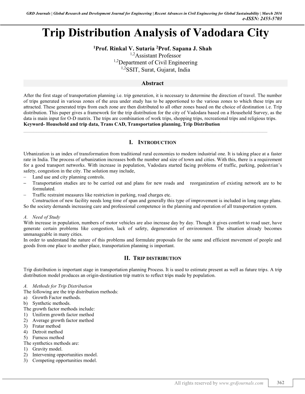 Trip Distribution Analysis of Vadodara City