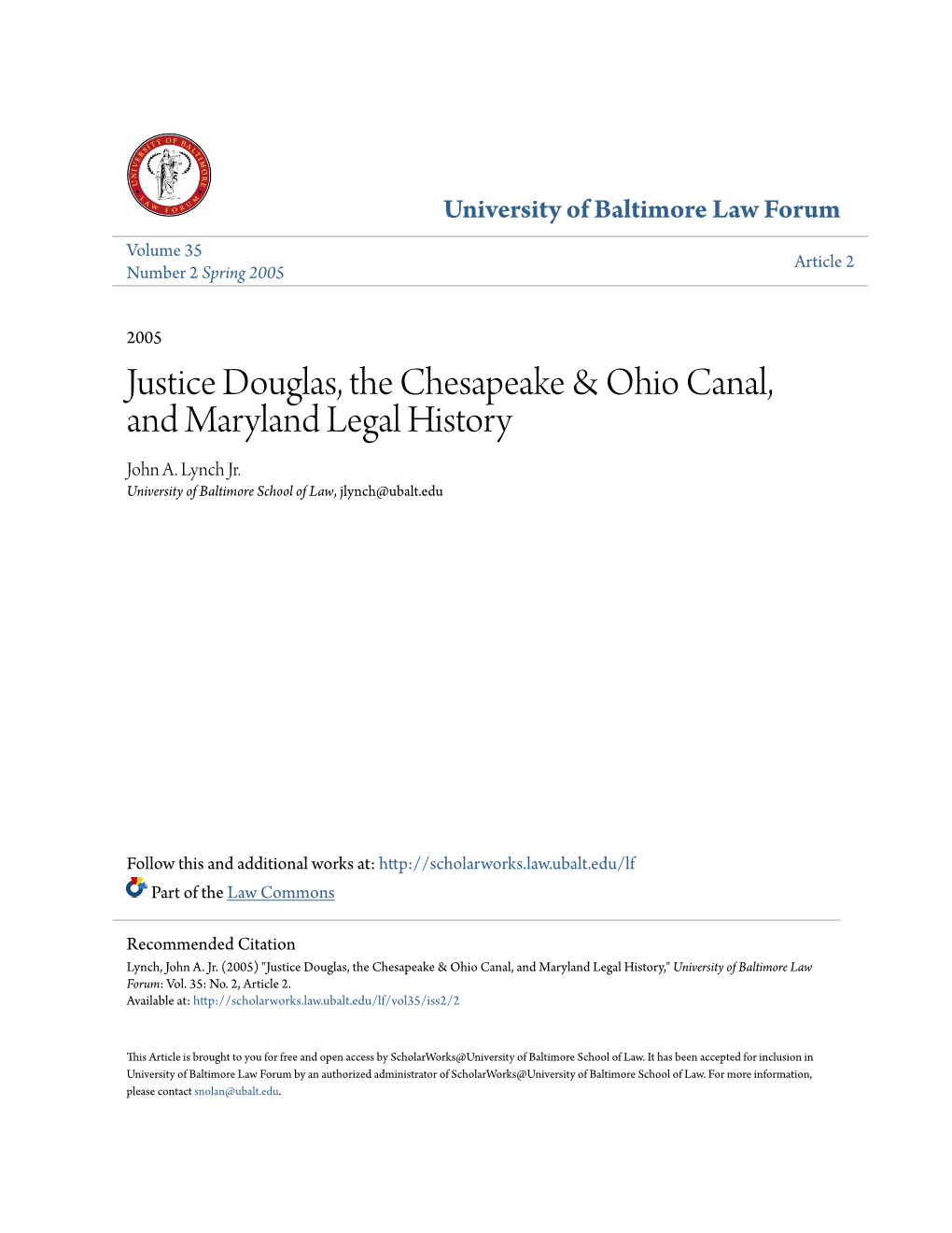 Justice Douglas, the Chesapeake & Ohio Canal, and Maryland Legal History