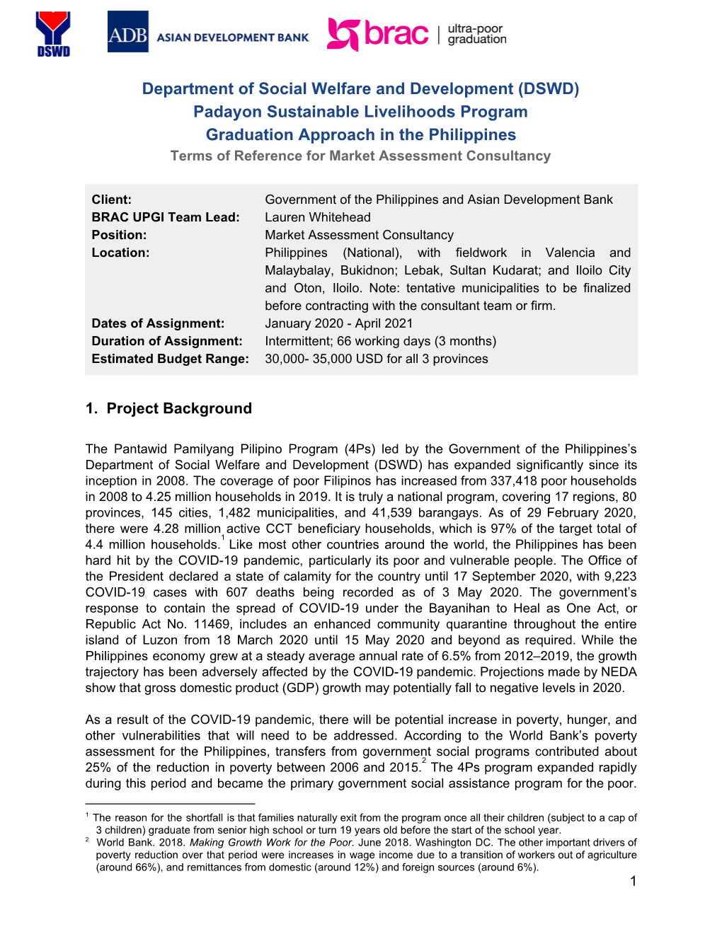 (DSWD) Padayon Sustainable Livelihoods Program Graduation Approach in the Philippines Terms of Reference for Market Assessment Consultancy