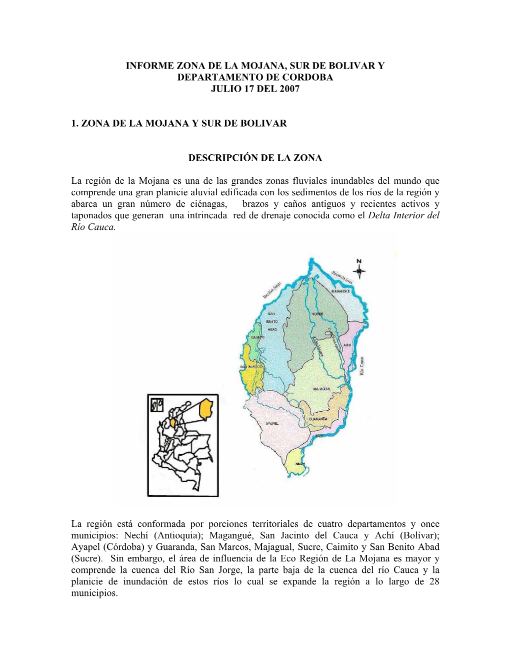 Informe Zona De La Mojana, Sur De Bolivar Y Departamento De Cordoba Julio 17 Del 2007