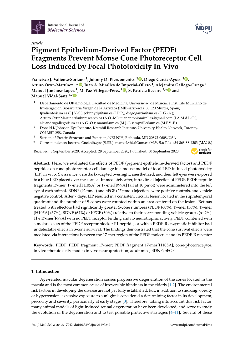 Pigment Epithelium-Derived Factor (PEDF) Fragments Prevent Mouse Cone Photoreceptor Cell Loss Induced by Focal Phototoxicity in Vivo