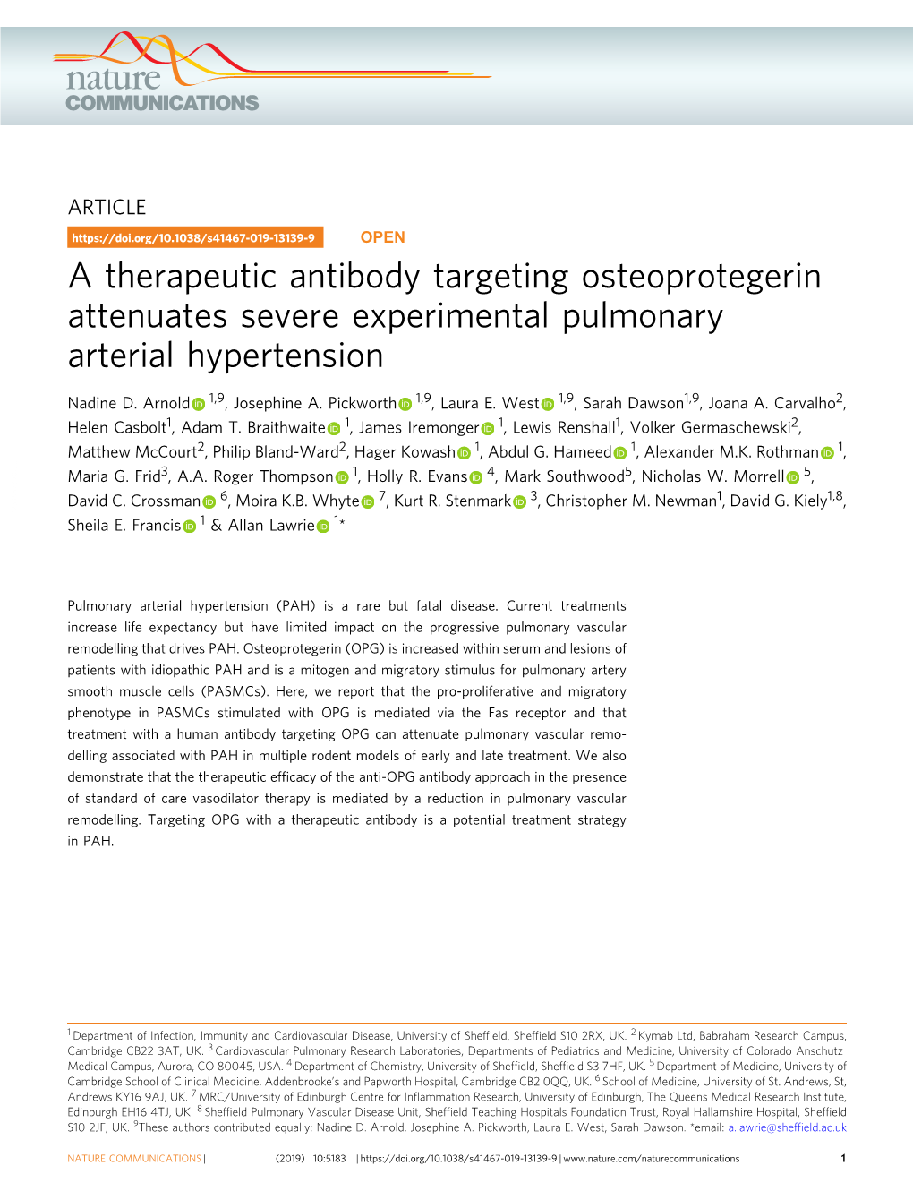A Therapeutic Antibody Targeting Osteoprotegerin Attenuates Severe Experimental Pulmonary Arterial Hypertension