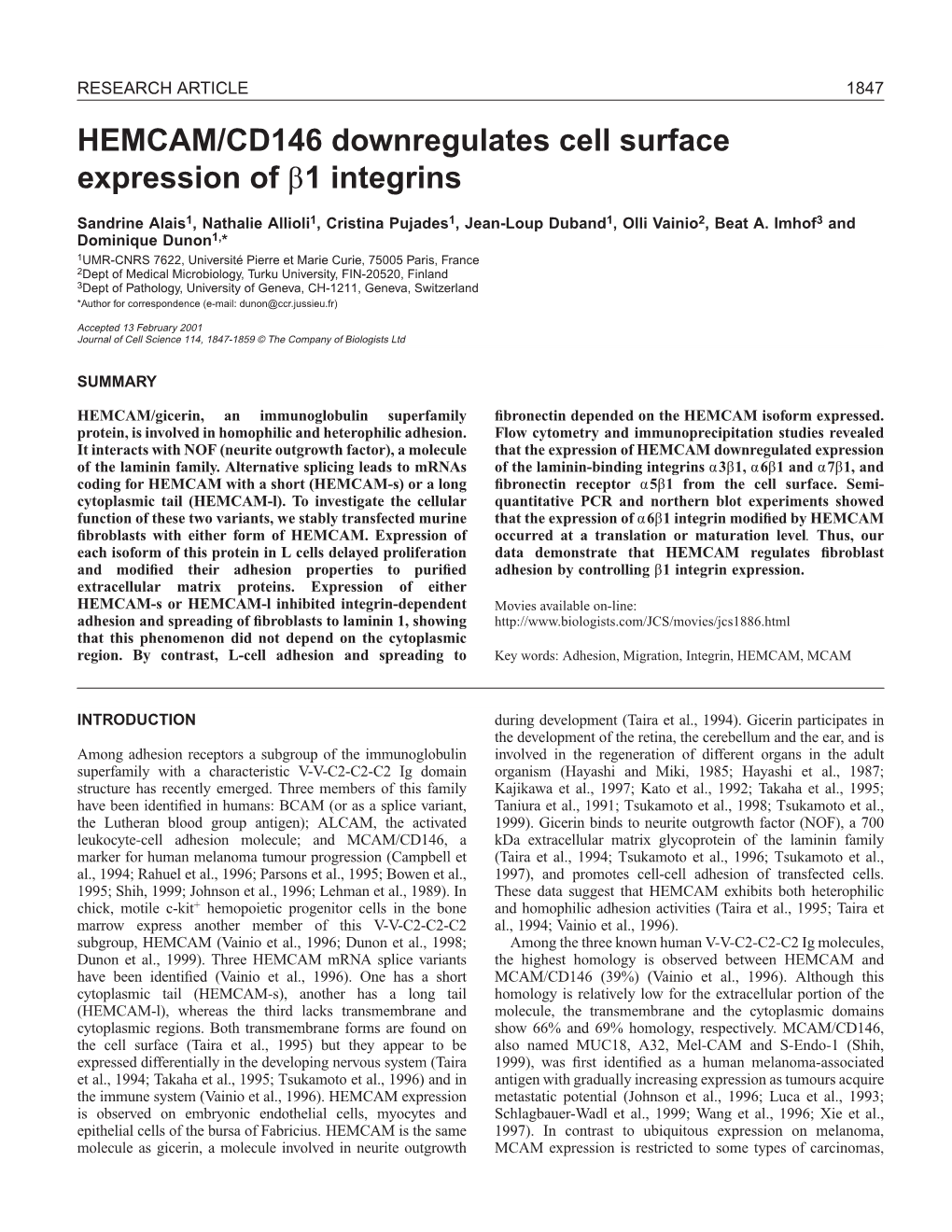 HEMCAM Downregulates (Beta)1 Integrin Expression