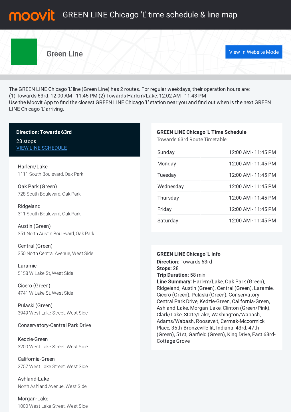 GREEN LINE Chicago 'L' Time Schedule & Line Map