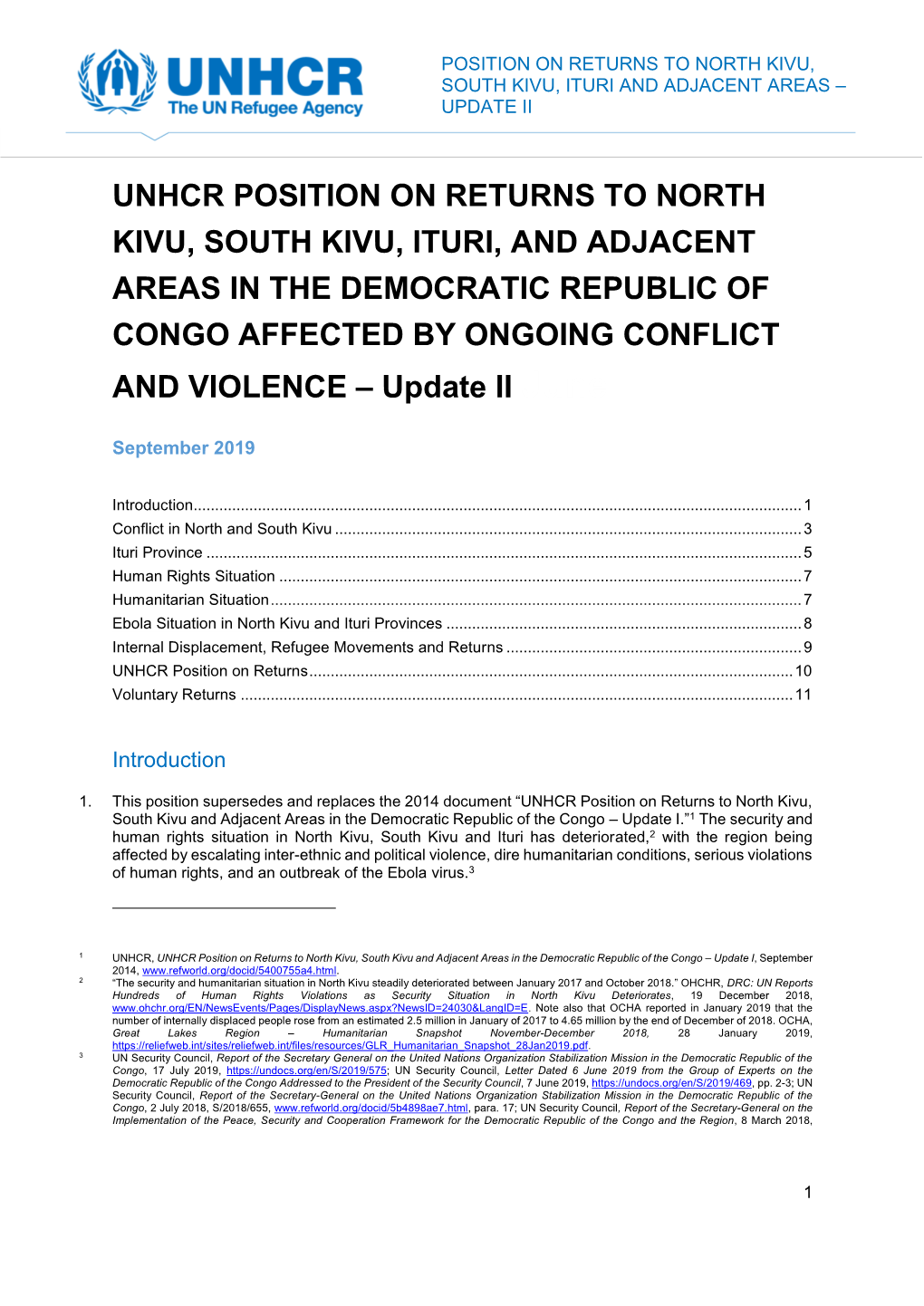 Unhcr Position on Returns to North Kivu, South Kivu, Ituri, and Adjacent Areas in the Democratic Republic of Congo Affected by O