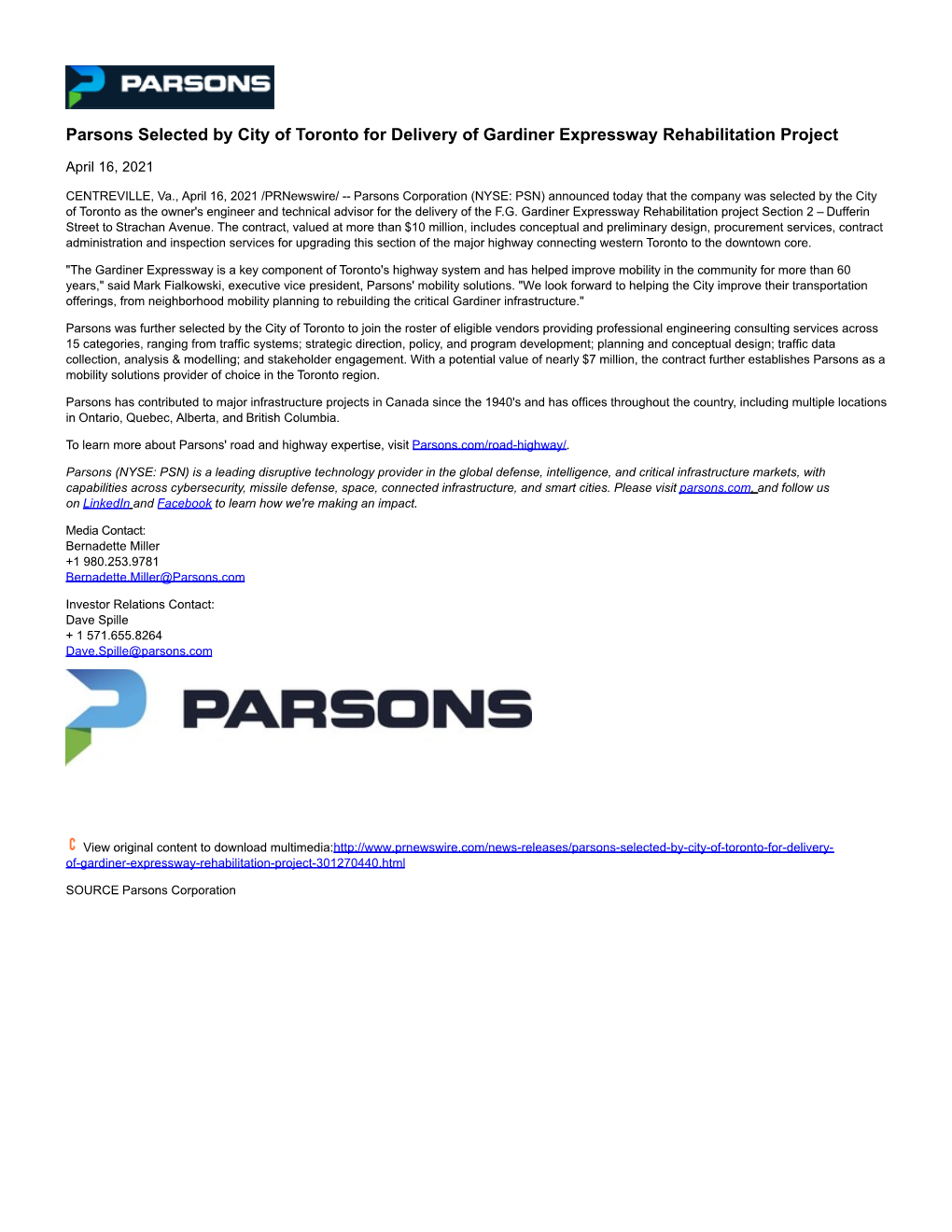 Parsons Selected by City of Toronto for Delivery of Gardiner Expressway Rehabilitation Project