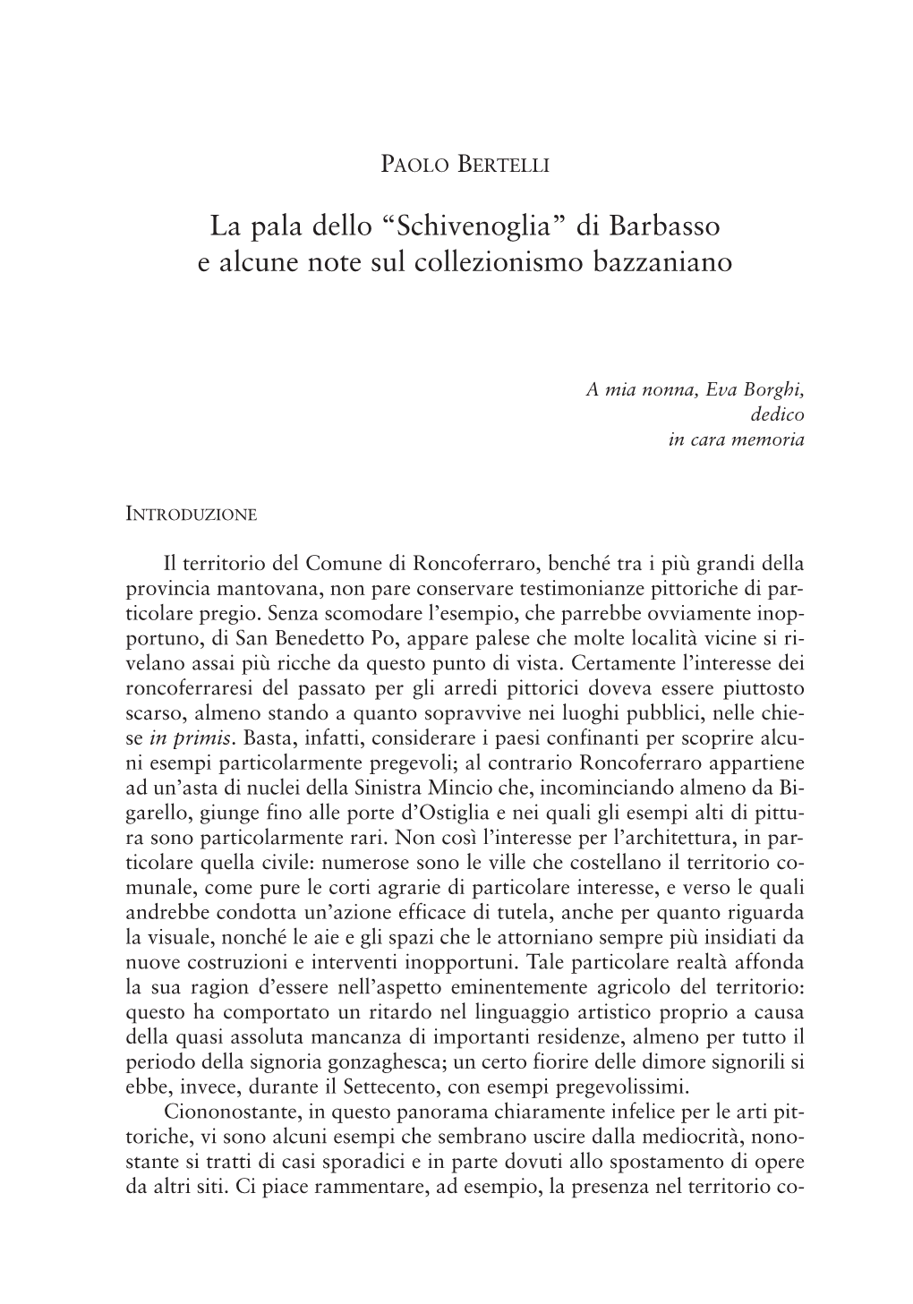 Schivenoglia” Di Barbasso E Alcune Note Sul Collezionismo Bazzaniano