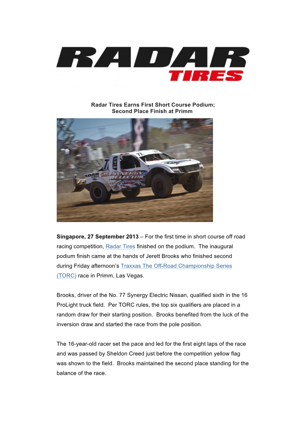 Radar Tires Earns First Short Course Podium; Second Place Finish at Primm