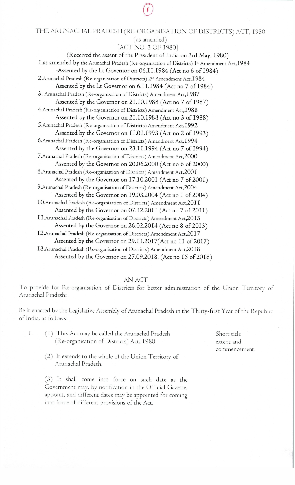 THE ARUNACHAL PRADESH (RE-ORGANISATION of DISTRICTS) ACT, I980 (As Amended) [ ACT NO