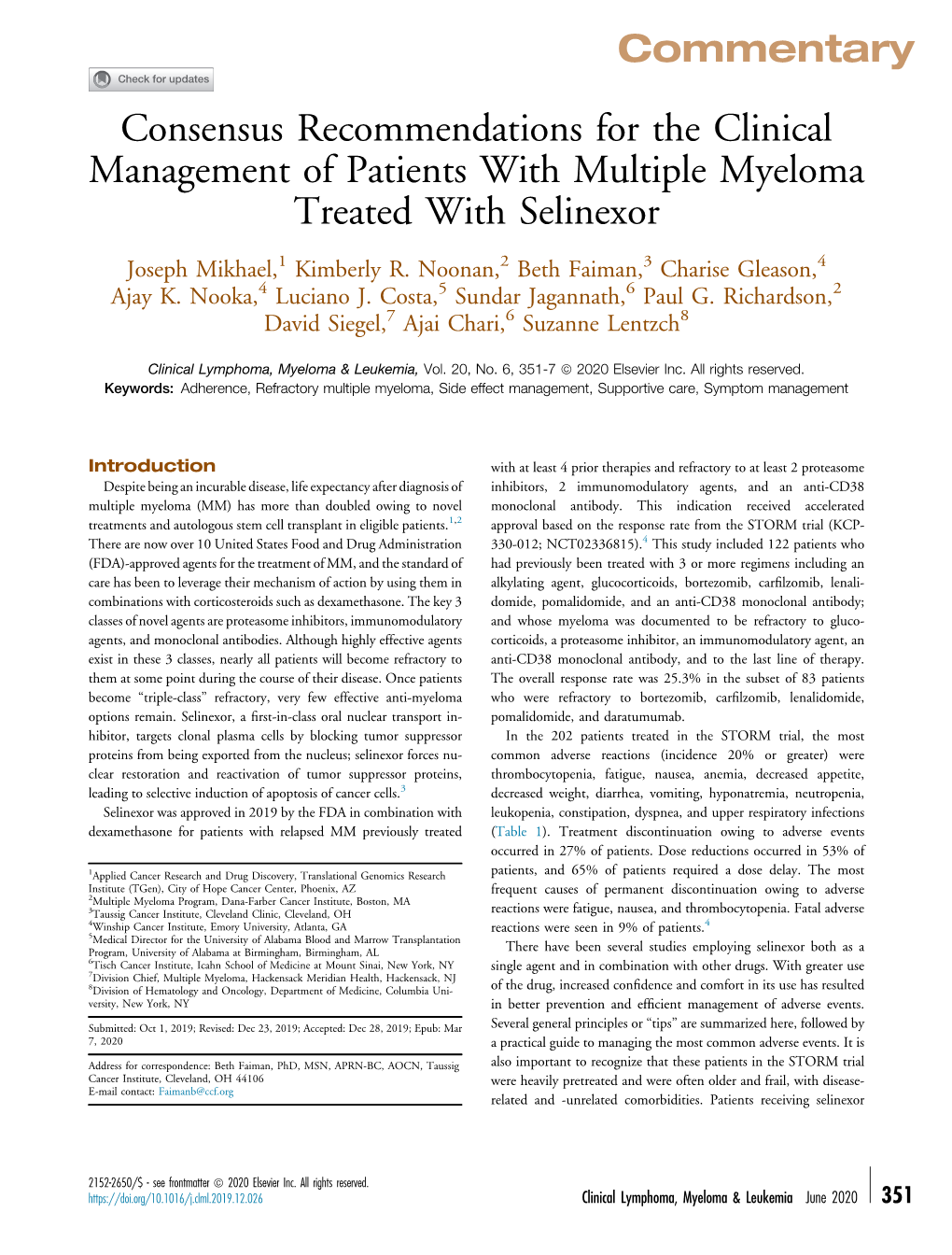 Consensus Recommendations for the Clinical Management of Patients with Multiple Myeloma Treated with Selinexor