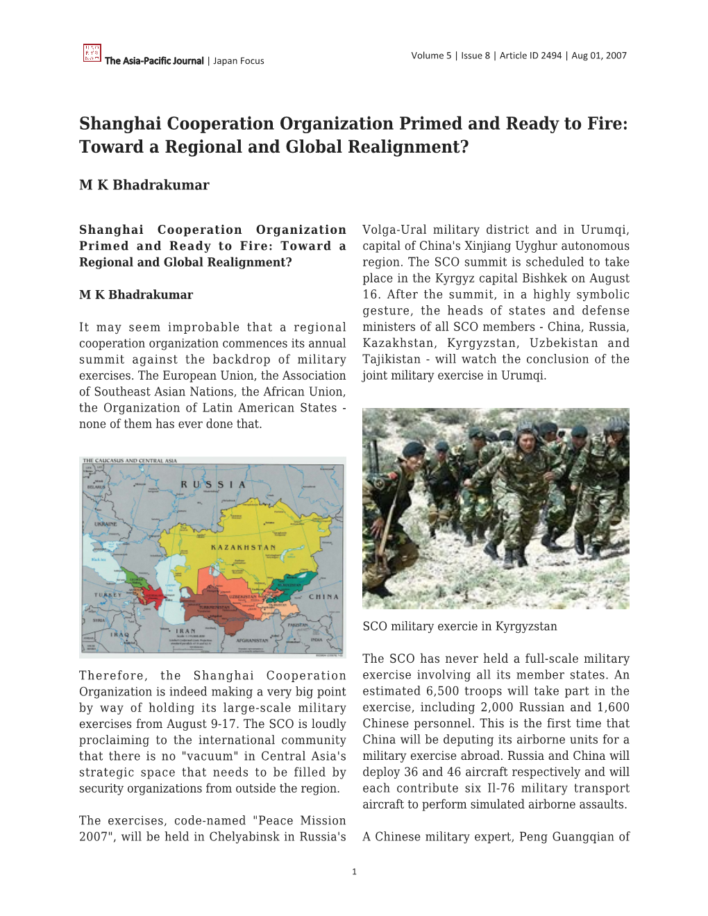 Shanghai Cooperation Organization Primed and Ready to Fire: Toward a Regional and Global Realignment?