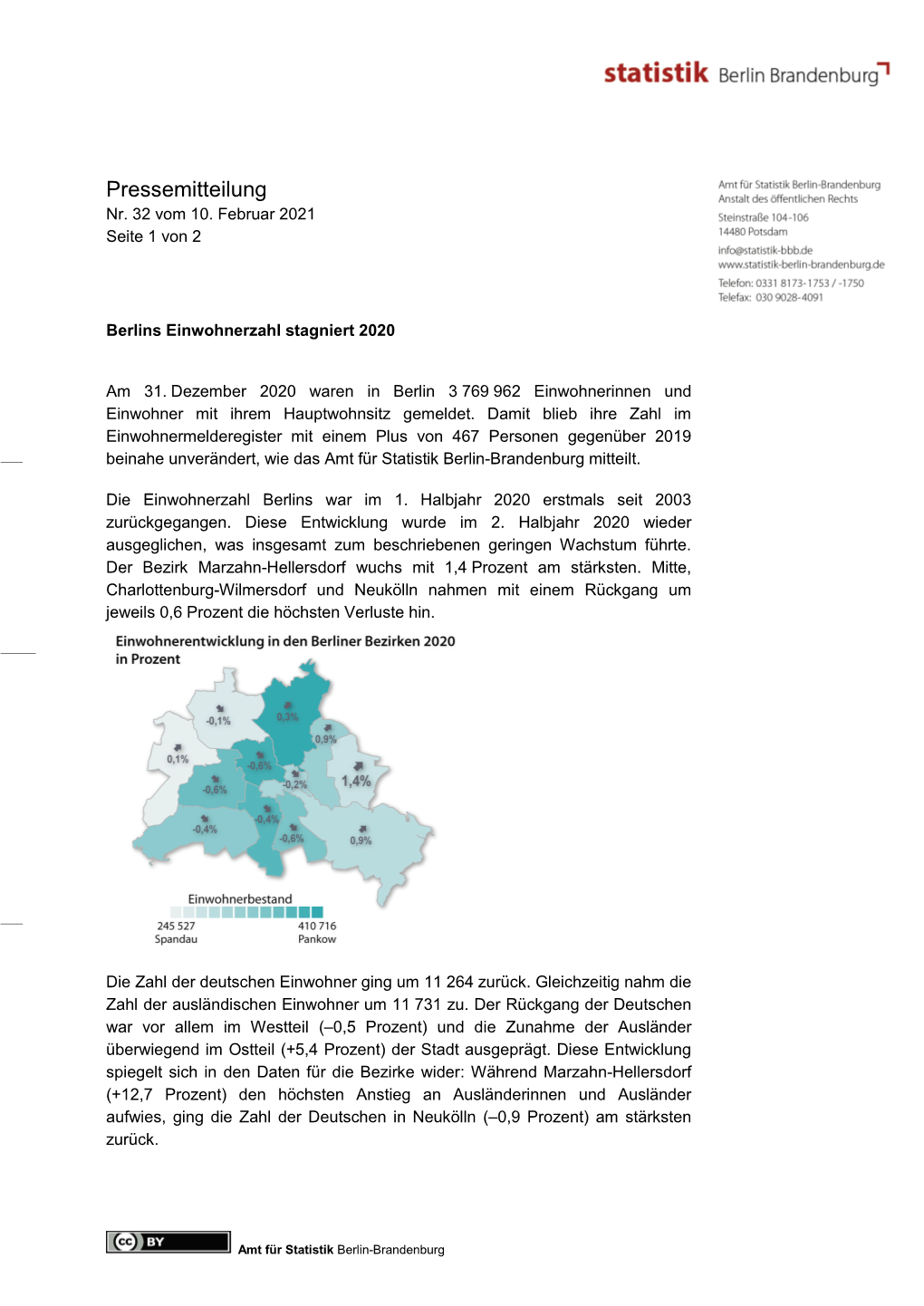 Berlins Einwohnerzahl Stagniert 2020