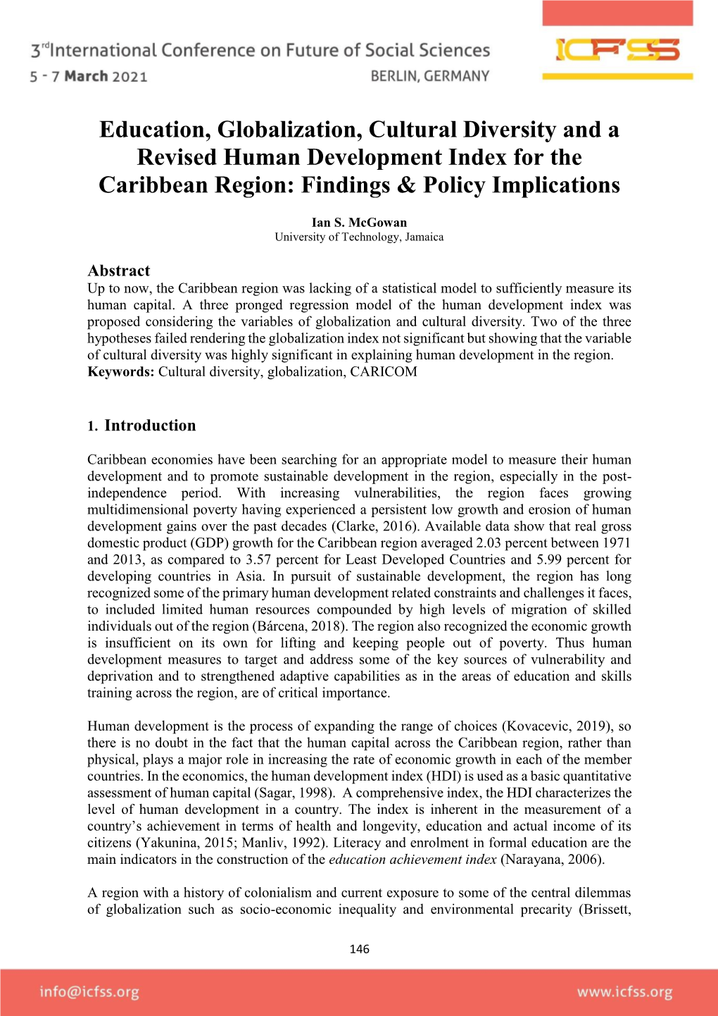 Education, Globalization, Cultural Diversity and a Revised Human Development Index for the Caribbean Region: Findings & Policy Implications