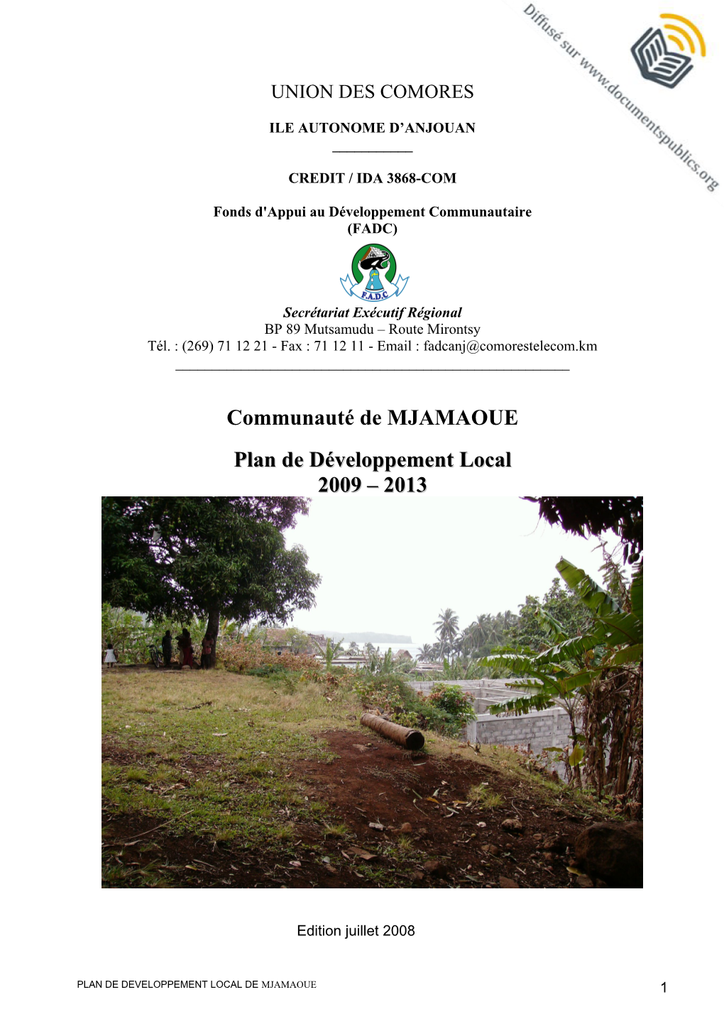 Communauté De MJAMAOUE Plan De Développement Local 2009 – 2013