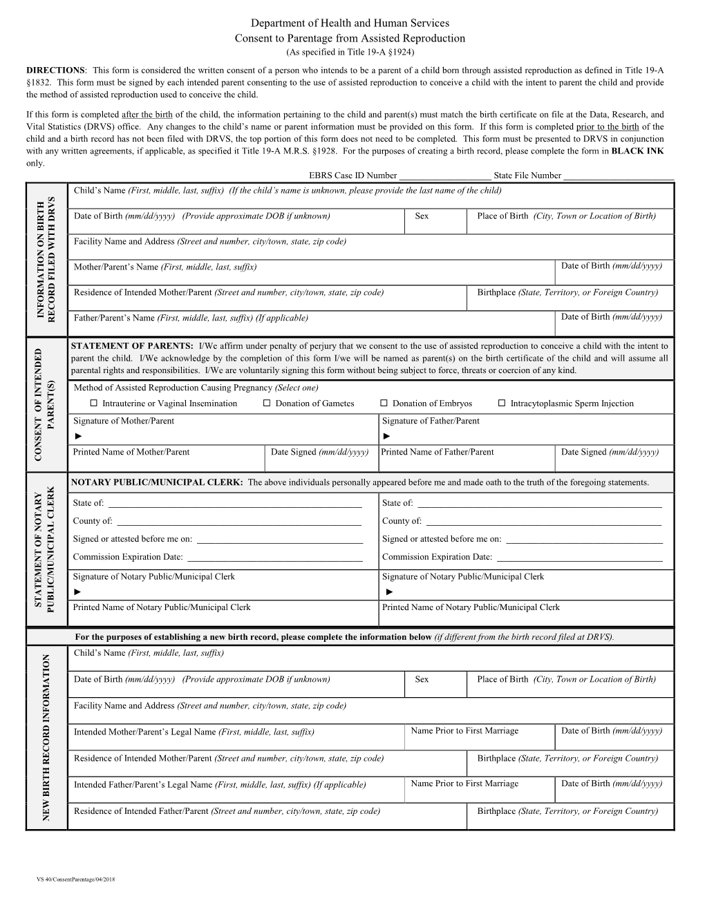 Department of Health and Human Services Consent to Parentage from Assisted Reproduction (As Specified in Title 19-A §1924)