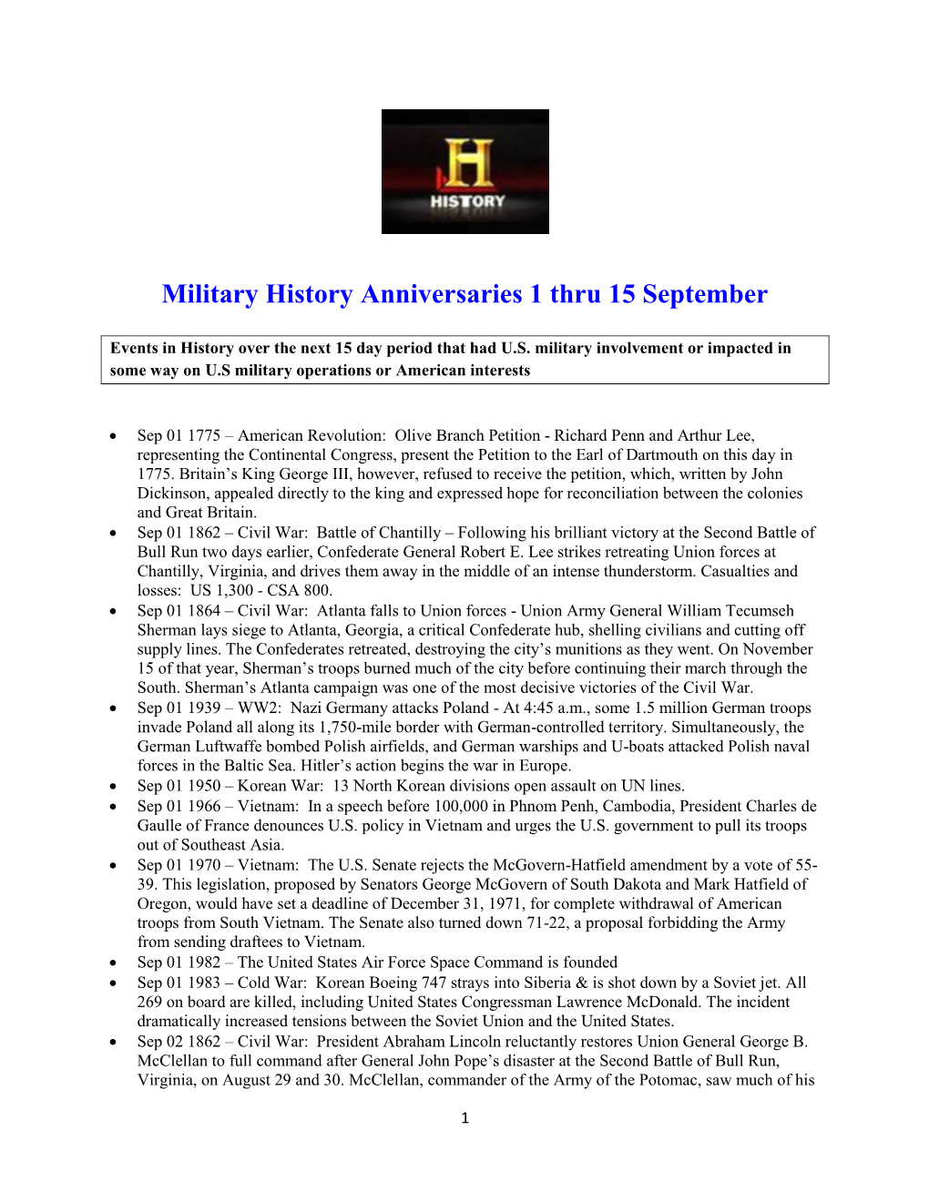 Military History Anniversaries 0901 Thru 091516