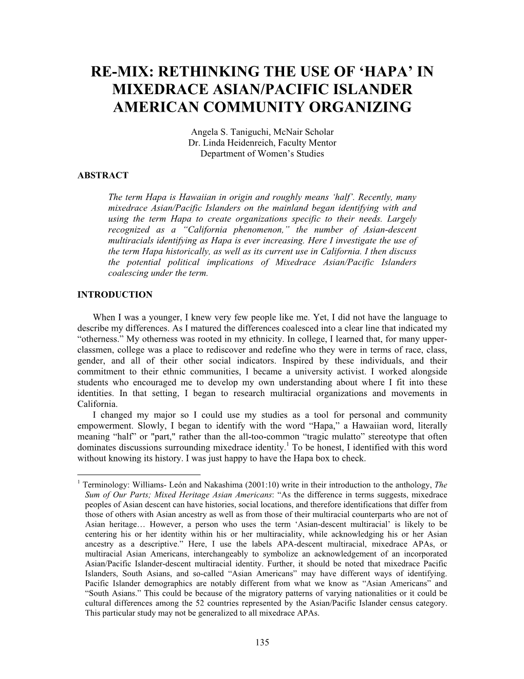 Re-Mix: Rethinking the Use of 'Hapa' in Mixedrace Asian/Pacific Islander American Community Organizing