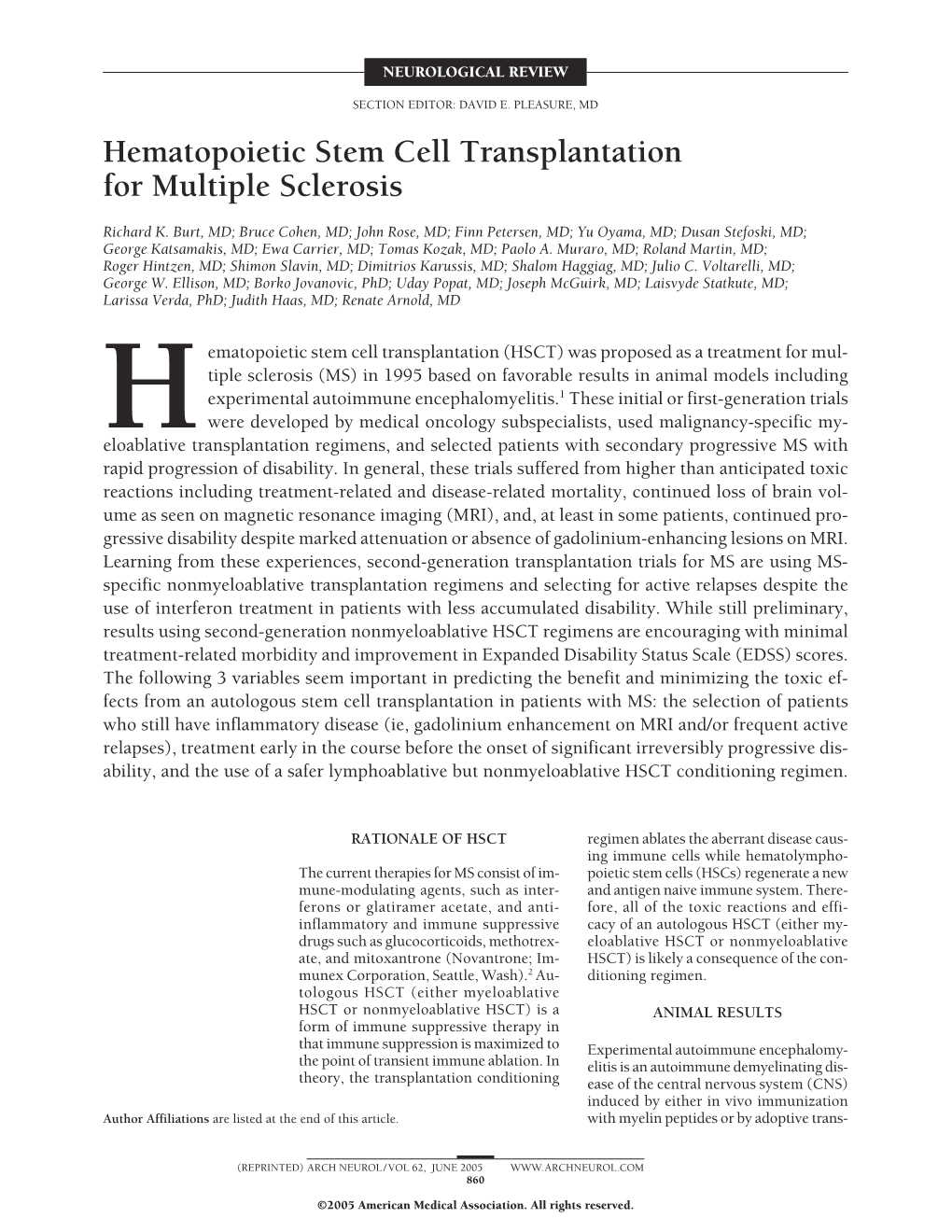 Hematopoietic Stem Cell Transplantation for Multiple Sclerosis