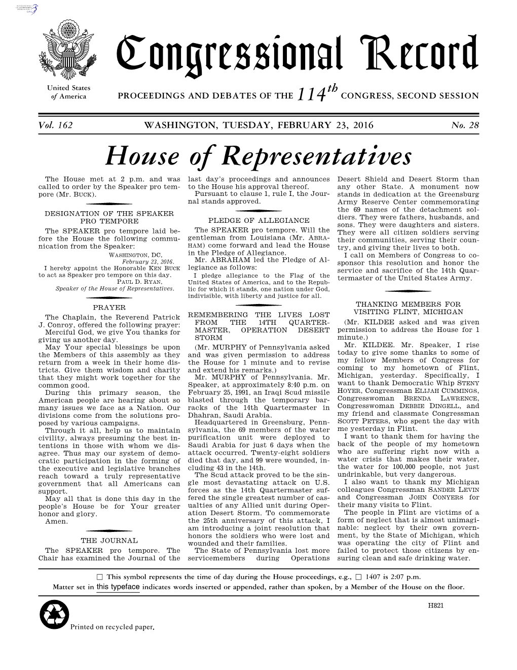 Congressional Record United States Th of America PROCEEDINGS and DEBATES of the 114 CONGRESS, SECOND SESSION