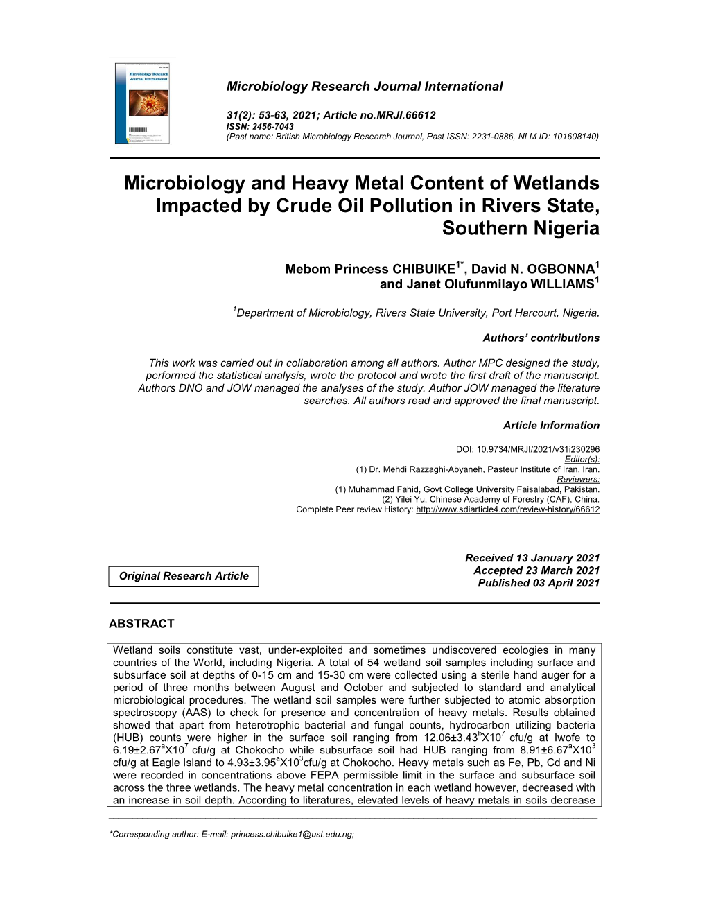 Microbiology and Heavy Metal Content of Wetlands Impacted by Crude Oil Pollution in Rivers State, Southern Nigeria