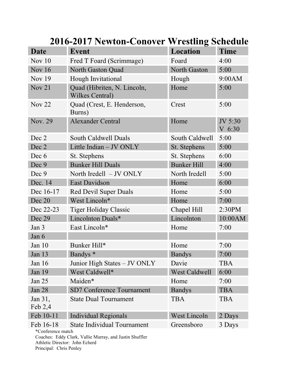 2016-2017 Newton-Conover Wrestling Schedule