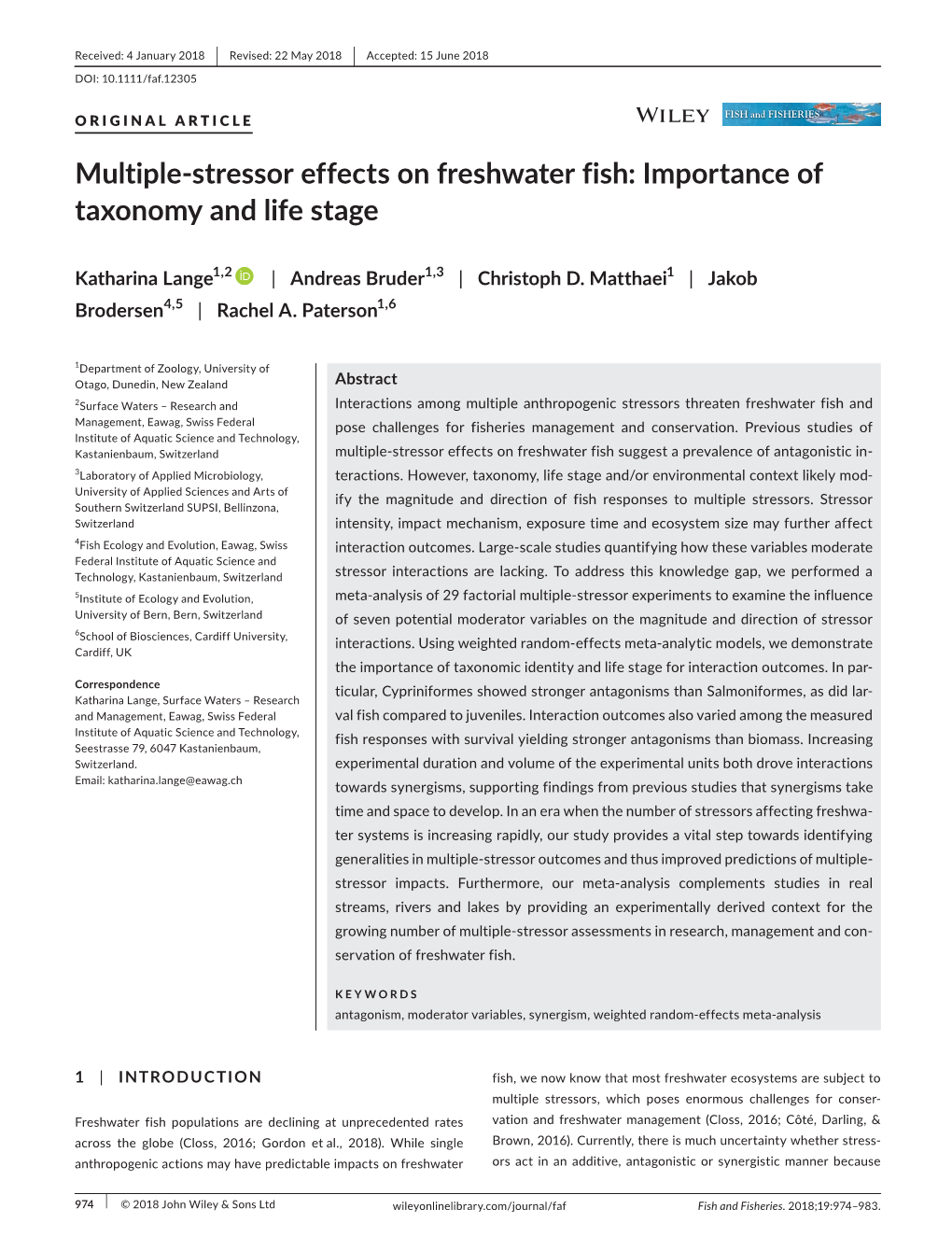 Stressor Effects on Freshwater Fish: Importance of Taxonomy and Life Stage