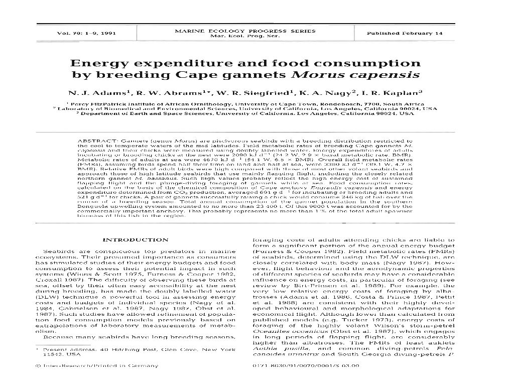 Energy Expenditure and Food Consumption by Breeding Cape Gannets Morus Capensis