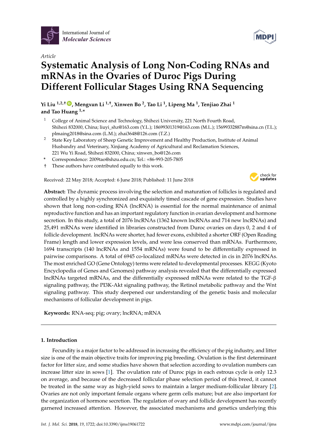 Systematic Analysis of Long Non-Coding Rnas and Mrnas in the Ovaries of Duroc Pigs During Different Follicular Stages Using RNA Sequencing
