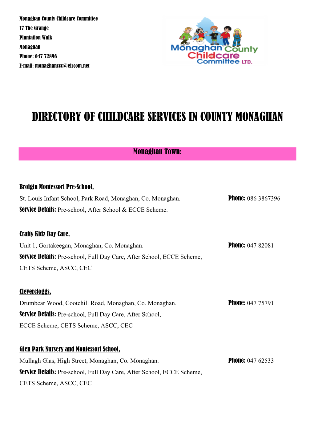 Directory of Childcare Services in County Monaghan