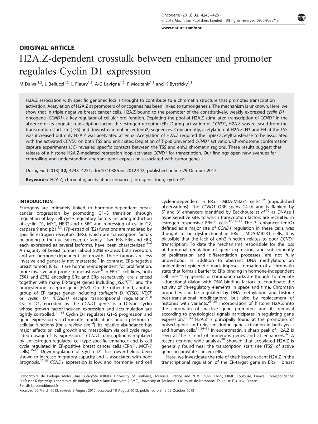 H2A.Z-Dependent Crosstalk Between Enhancer and Promoter Regulates Cyclin D1 Expression